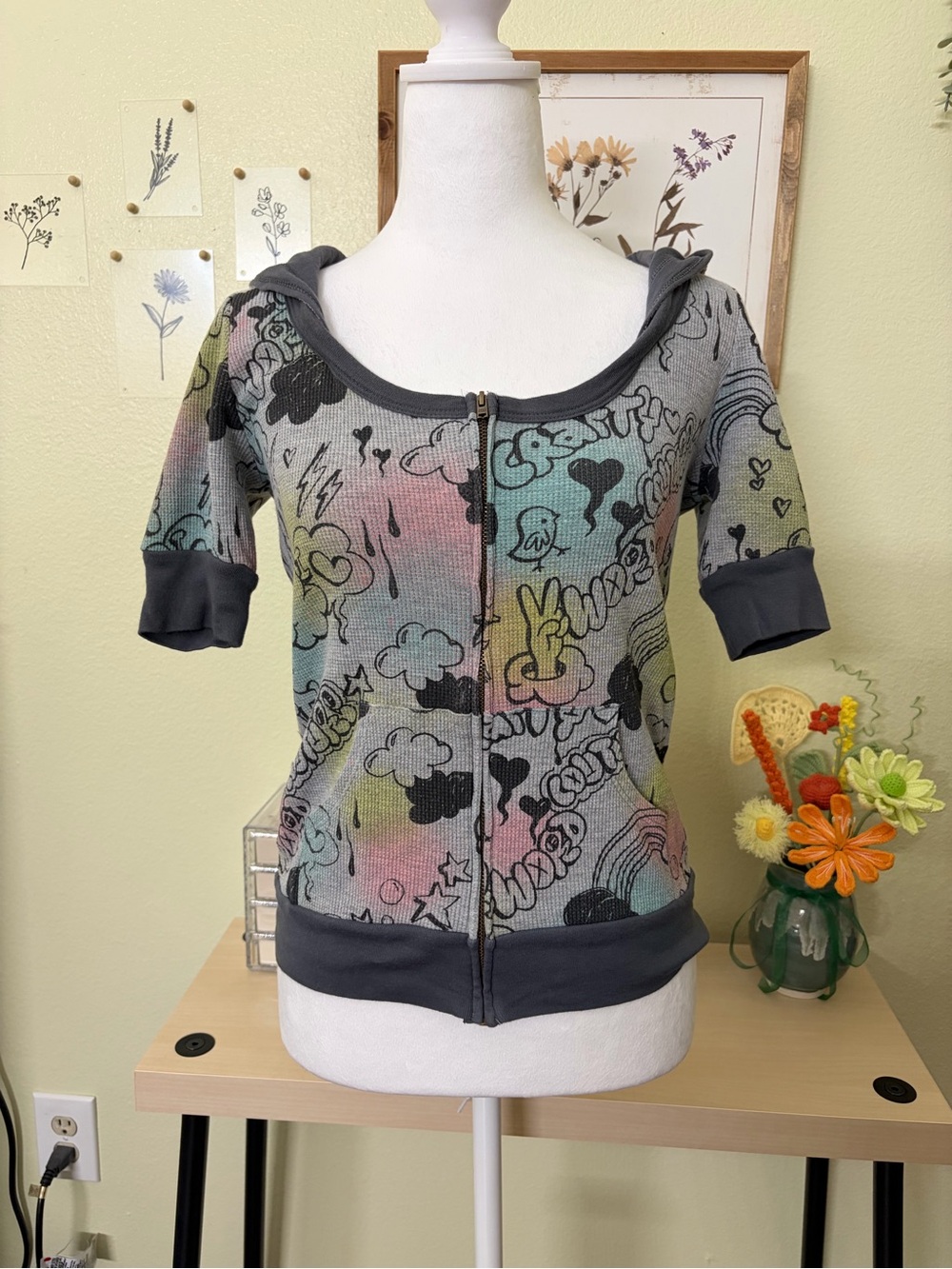 Crafty Couture Y2K Waffle Thermal Doodle Zip Hoodie Top Scene Whimsygoth M